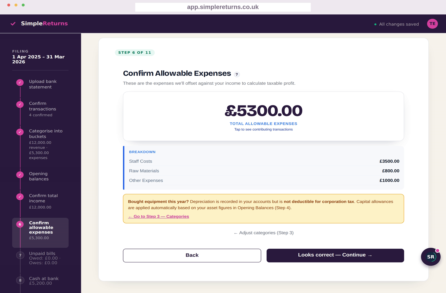 The SimpleReturns wizard — link your company, sort your transactions, and file your CT600